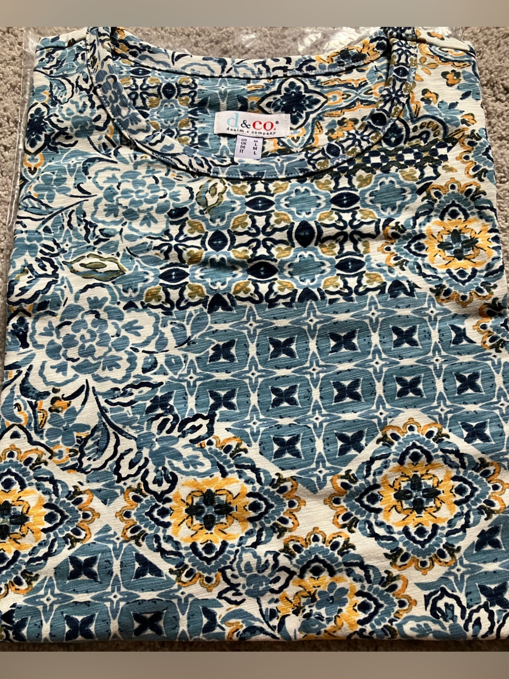 Denim & Co Printed Texture Knit 3/4 Sleeve Blue Bayou M NWT